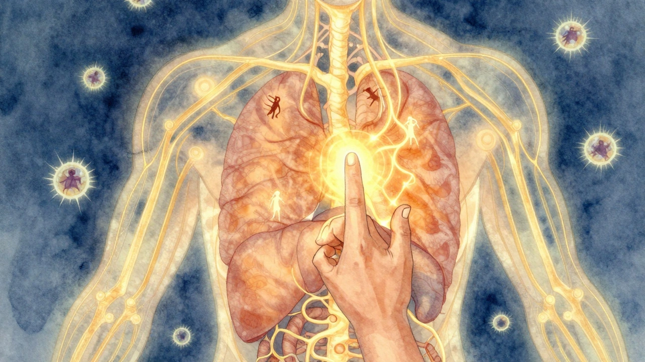 Golden energy lines flow through the body, connecting acupressure points to immune organs.