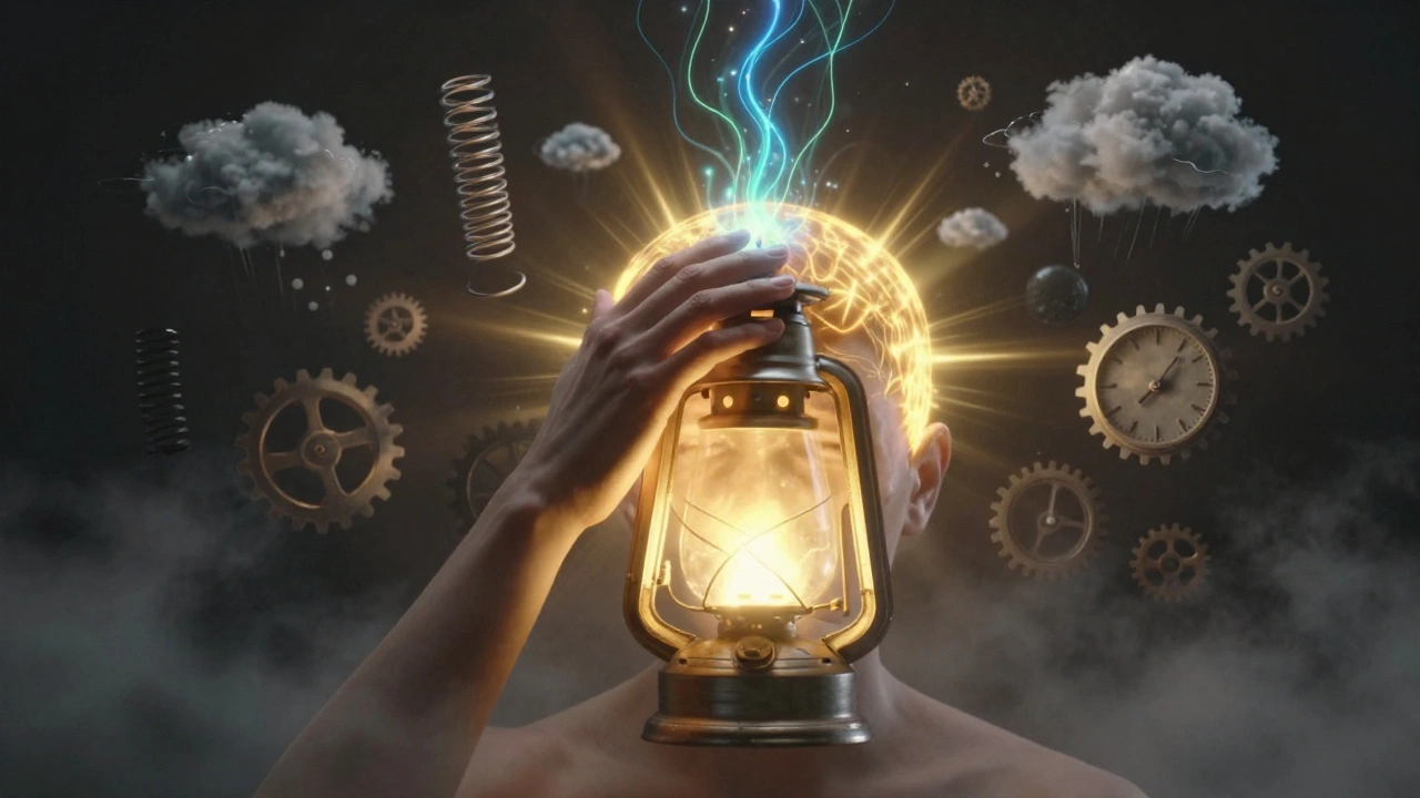 Human head glowing with calming energy as stress symbols dissolve, symbolizing relief from anxiety through massage.