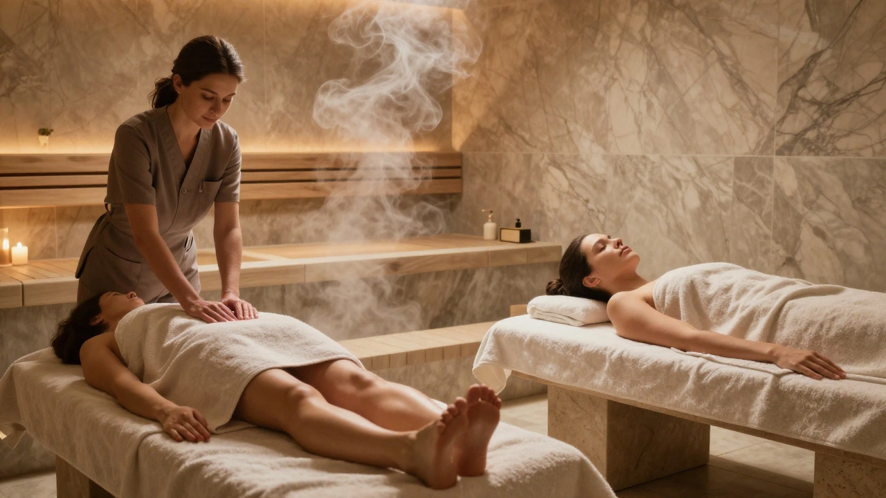 Luxurious body-to-body massage in a marble room with steam and dual tables, conveying deep calm and privacy.