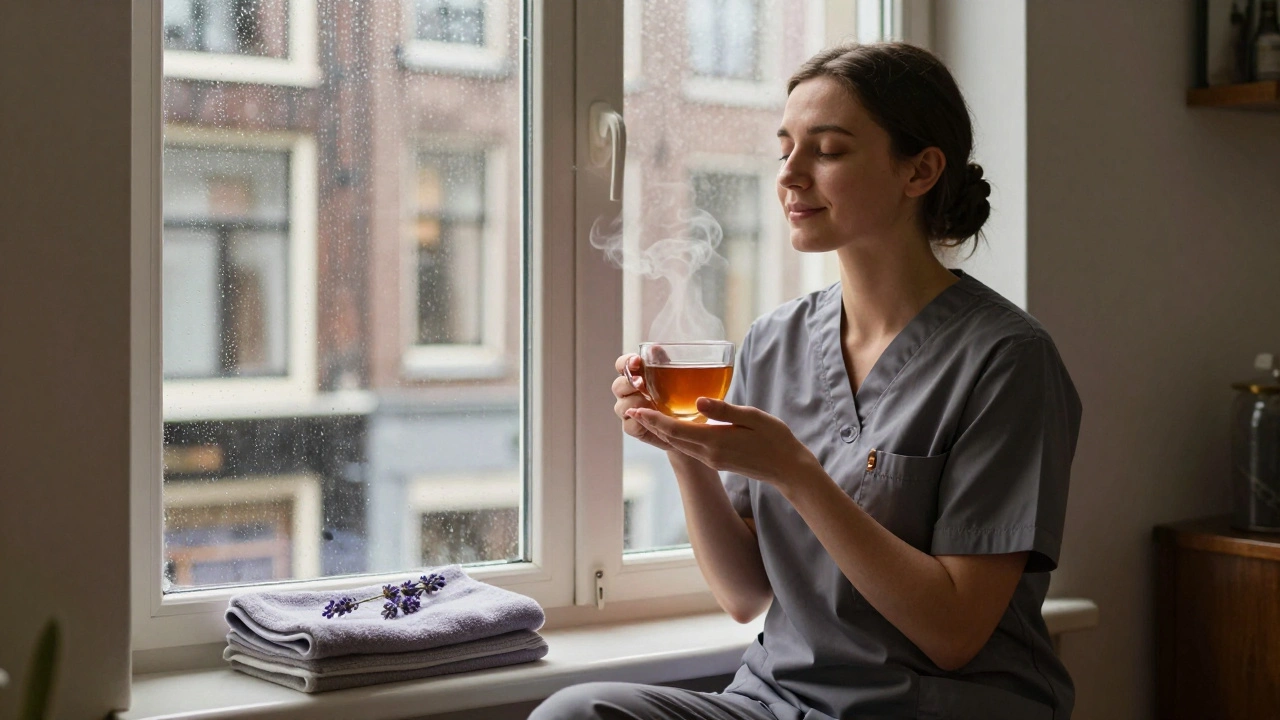 Nurse relaxing after massage, holding tea by a rainy window in Amsterdam.