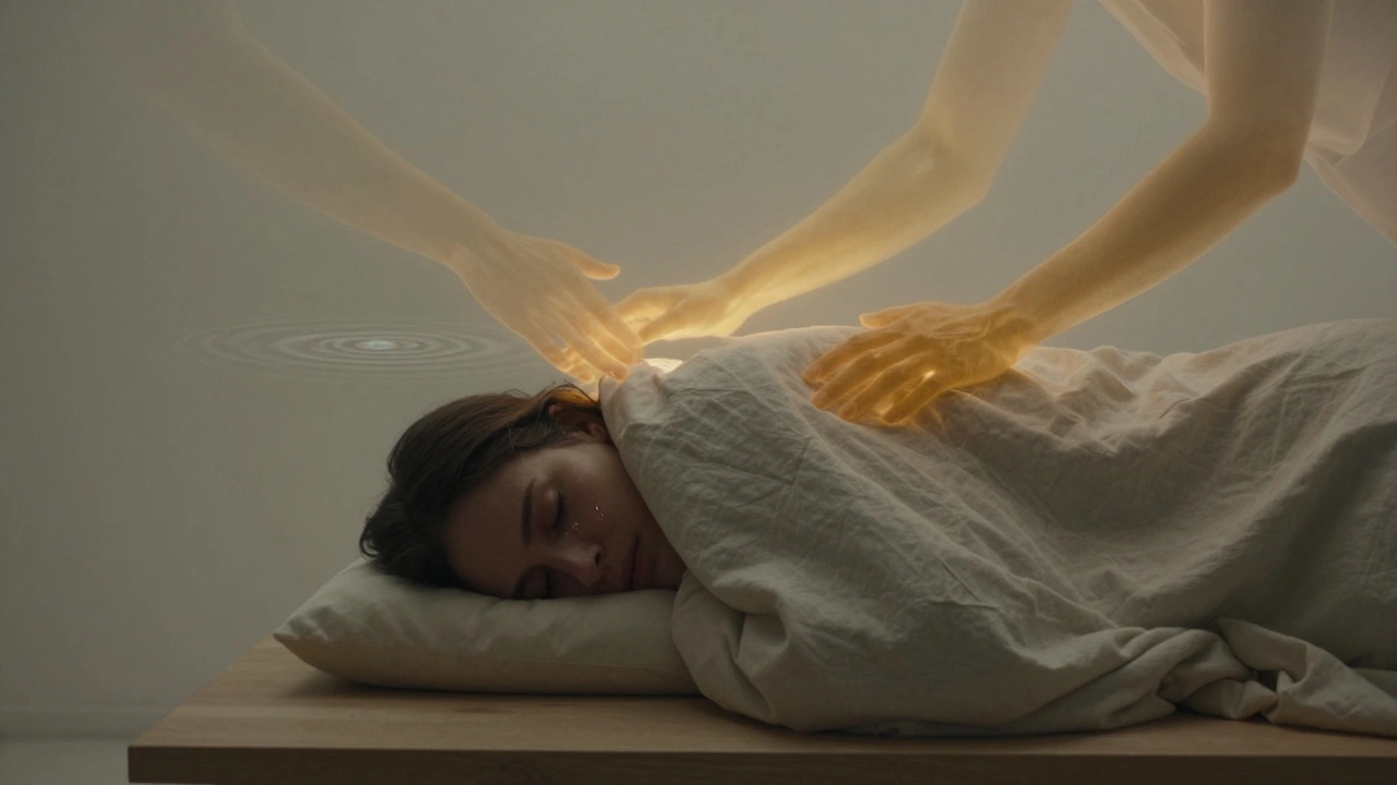 Person curled under a blanket after massage, tears on cheek, golden light fading around them.