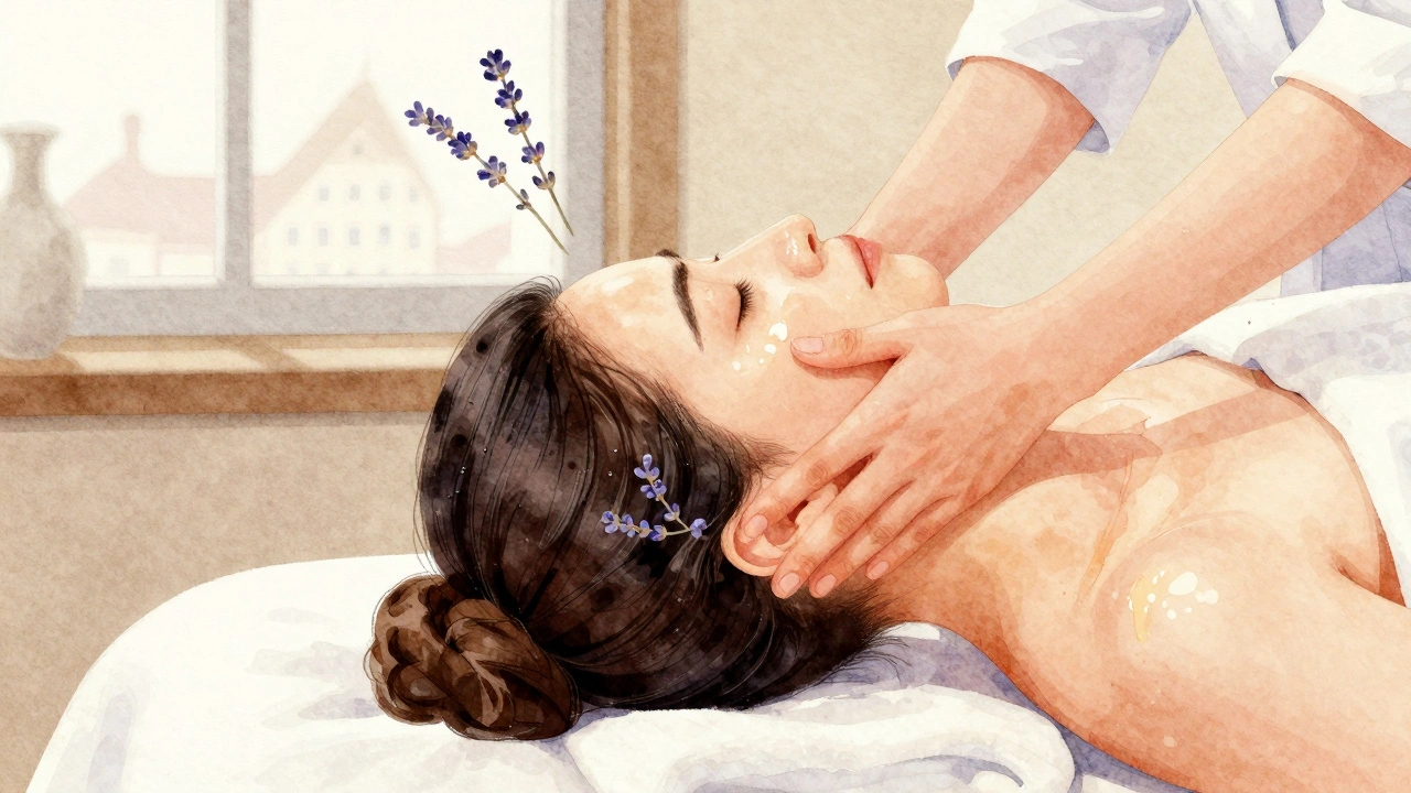 Professional head massage in progress with warm oil and soft light, hands pressing on scalp in a calm spa setting.