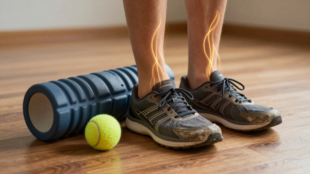 Running shoes and recovery tools beside a floor with glowing energy lines rising upward.