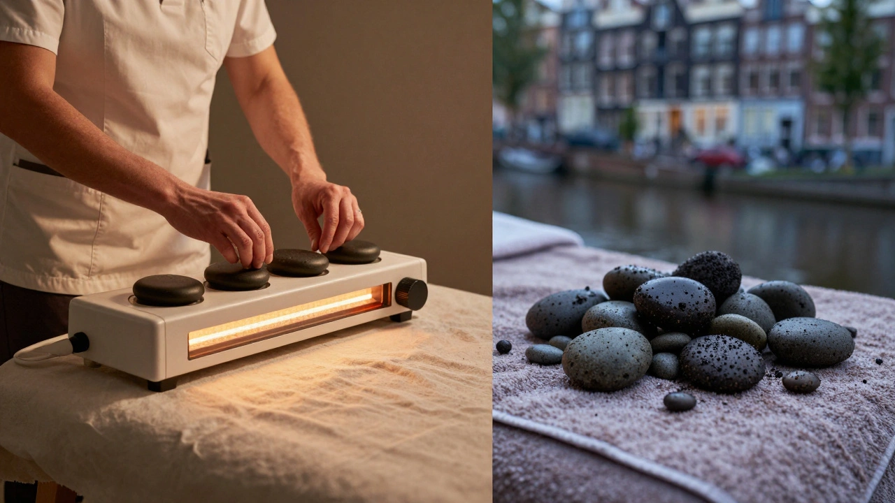 Side-by-side comparison: professional stone sterilization vs. unsafe microwaved stones in a wellness setting.