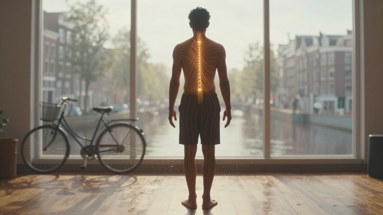 Silhouette of person glowing with energy lines after Thai massage, symbols of city stress fading around them.