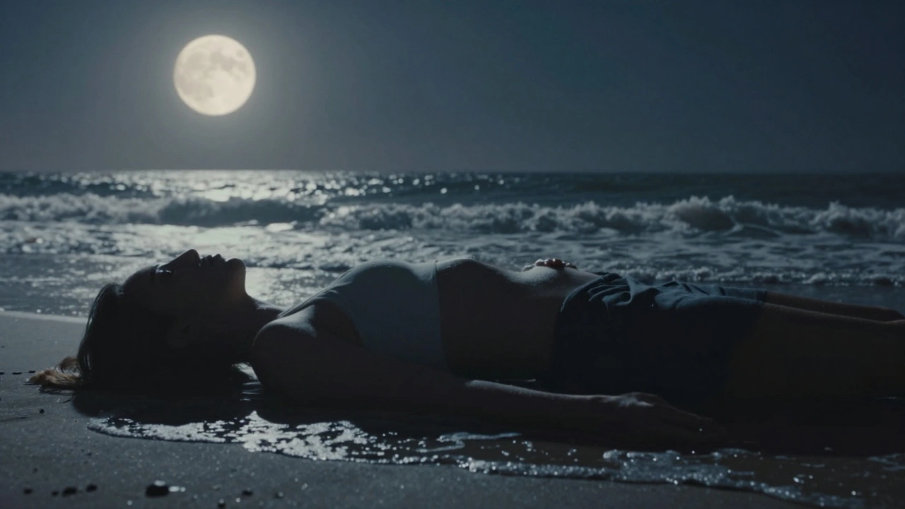 Silhouette of someone lying down at night, breath visible as calming waves flowing from the body.