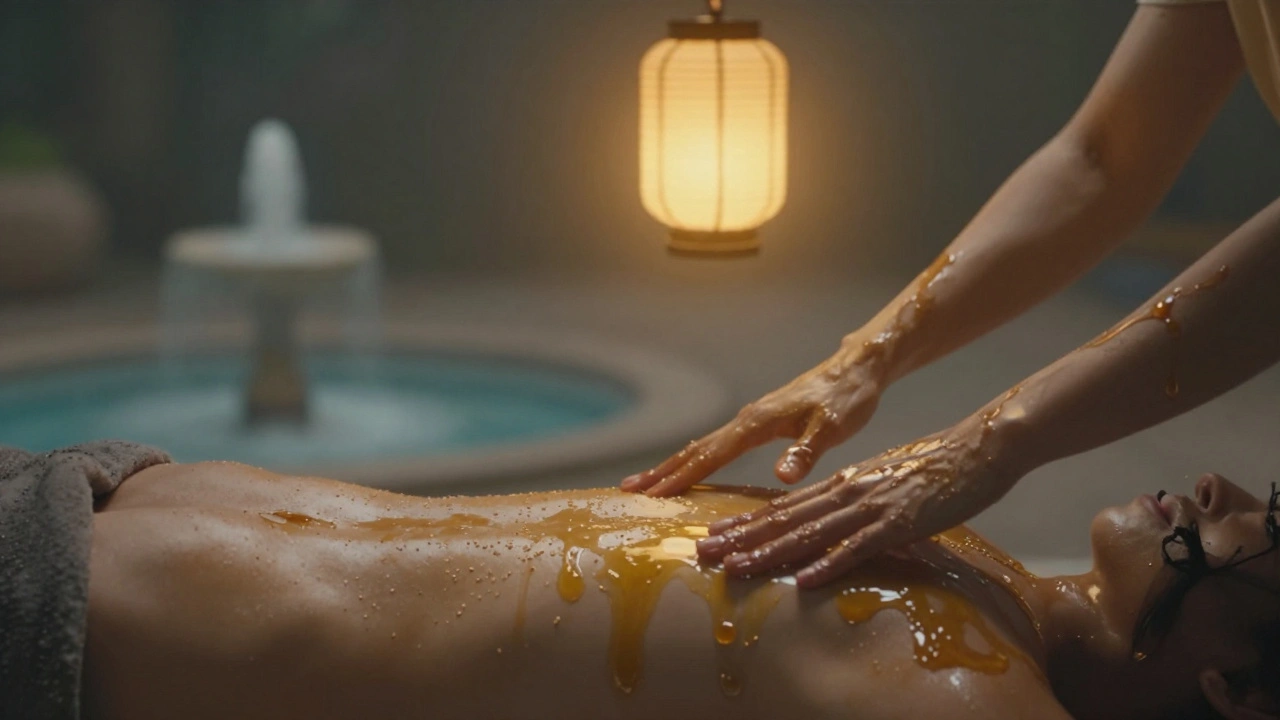 Softly lit therapeutic touch with warm oil and flowing motion in a quiet, lantern-lit space.