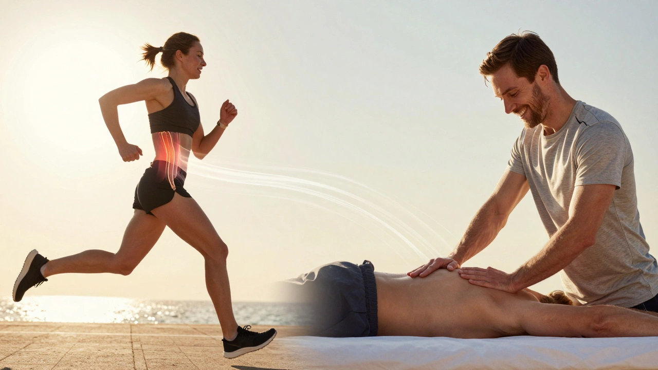 Split image: runner in pain vs. runner relaxed after massage, with abstract lines showing improved muscle flow.