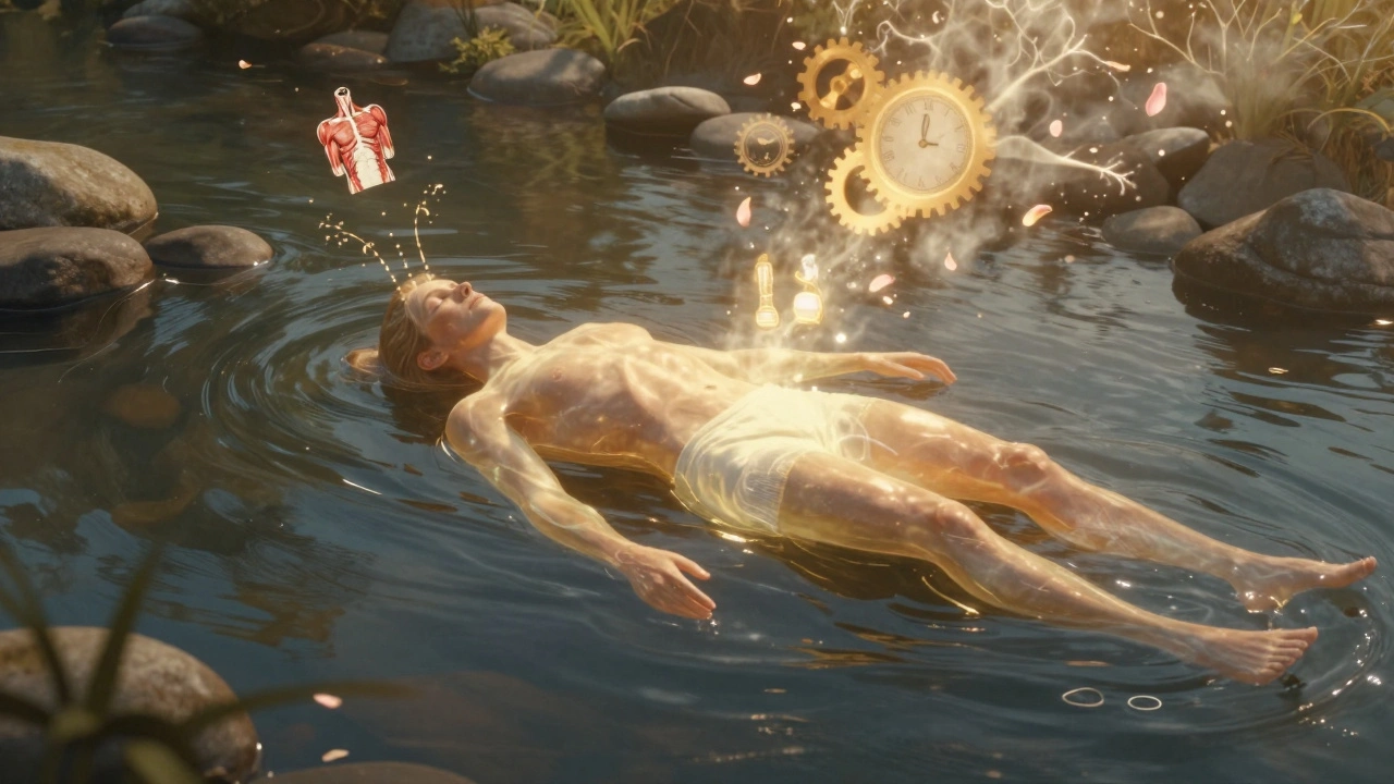 Surreal image of a body floating in golden light, being cradled by translucent therapist limbs as stress symbols dissolve.