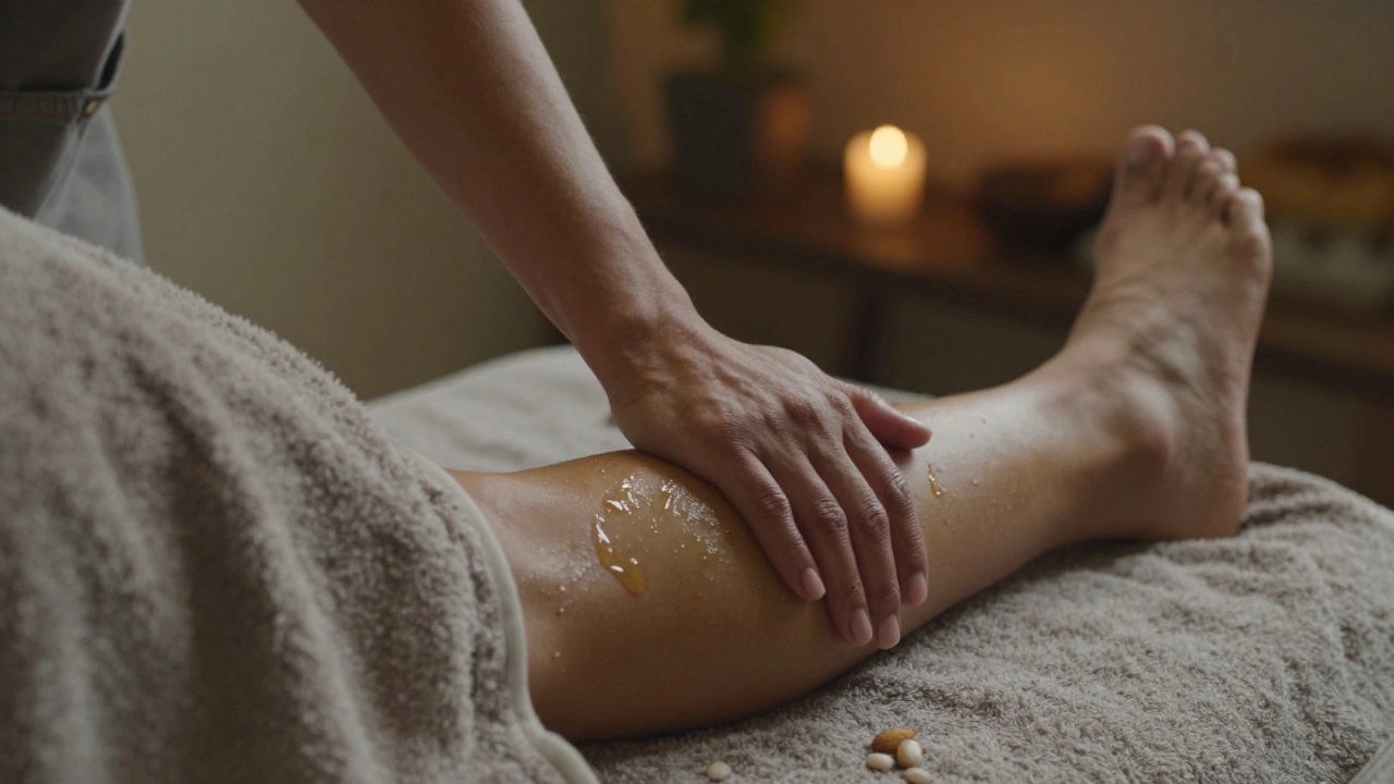 Therapist's forearm and hip gently pressing against client's thigh during a body-to-body massage.