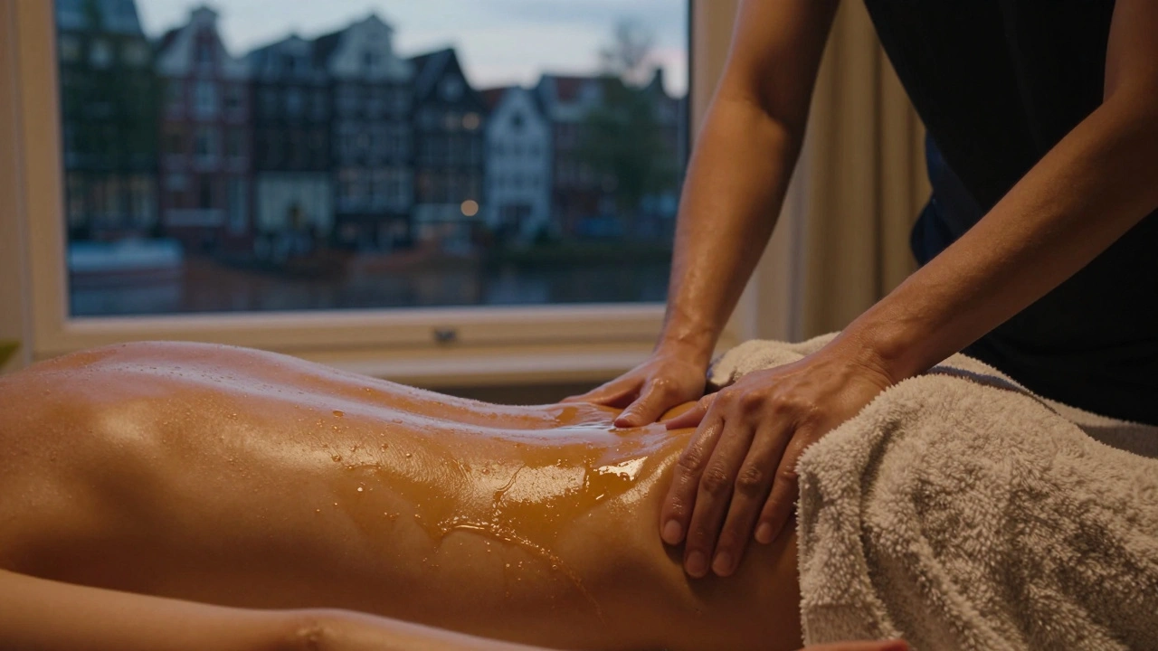 Therapist's hip and forearm gently pressing into client's back during a body-to-body massage.