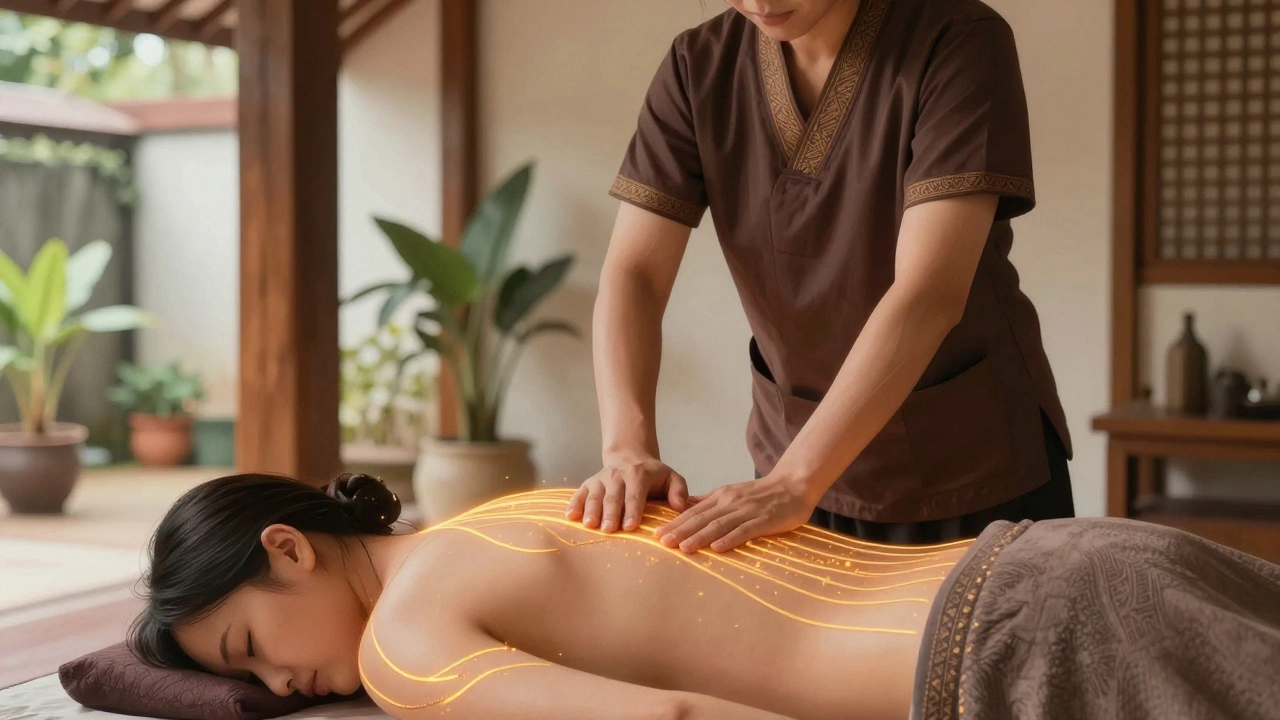 Therapist applying pressure along glowing energy lines during a traditional Thai massage session.