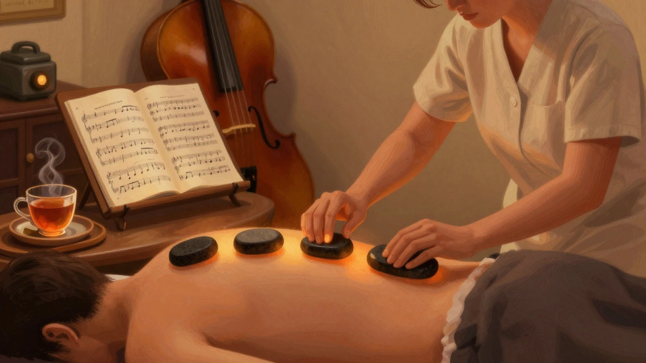 Therapist placing heated stones on a client&#039;s spine and palms with herbal tea and cello sheet music nearby.