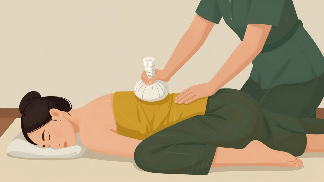 Therapist uses hands and elbows to apply pressure during a Thai massage, with a warm herbal compress on the client's lower back.