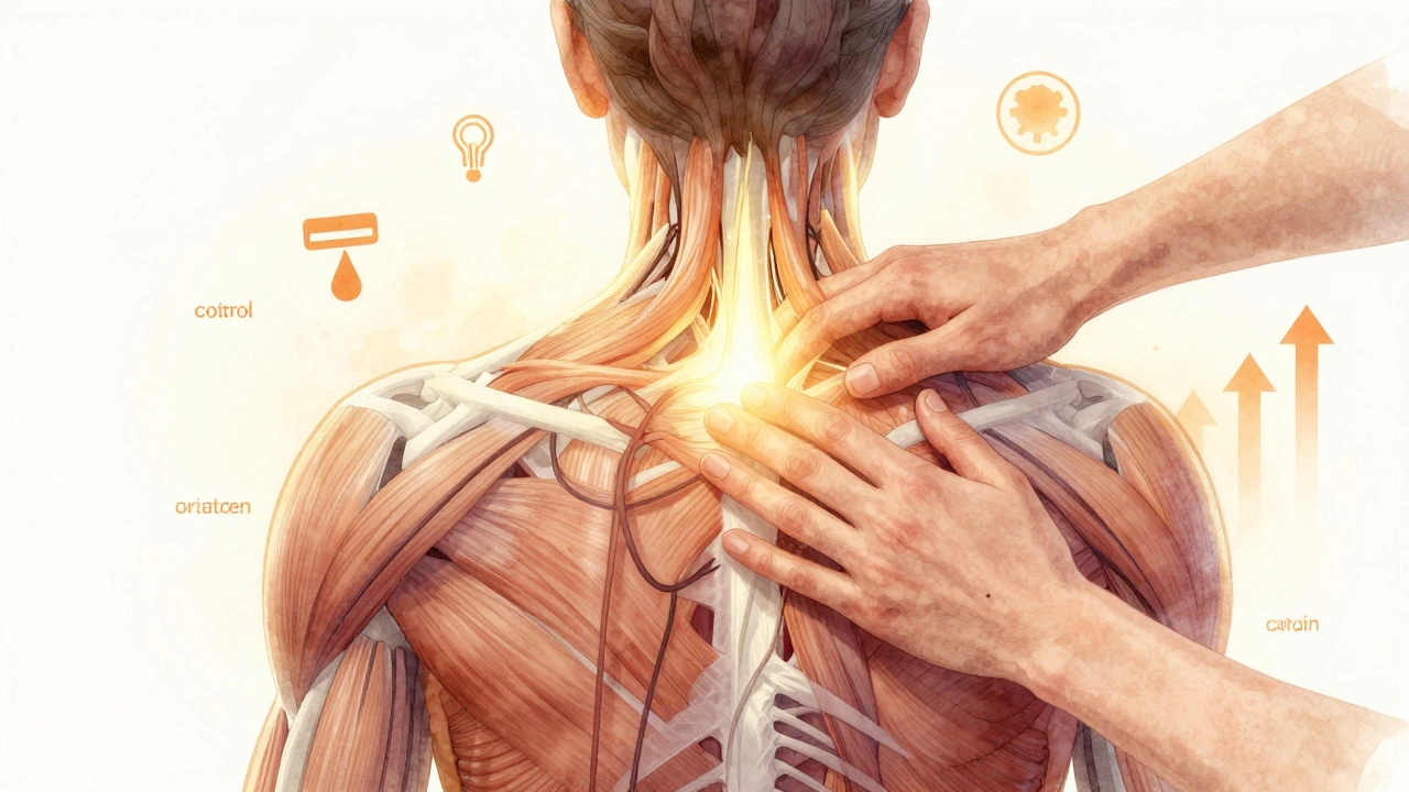 Transparent human body with stress knots being released by golden massage strokes and rising serotonin symbols.