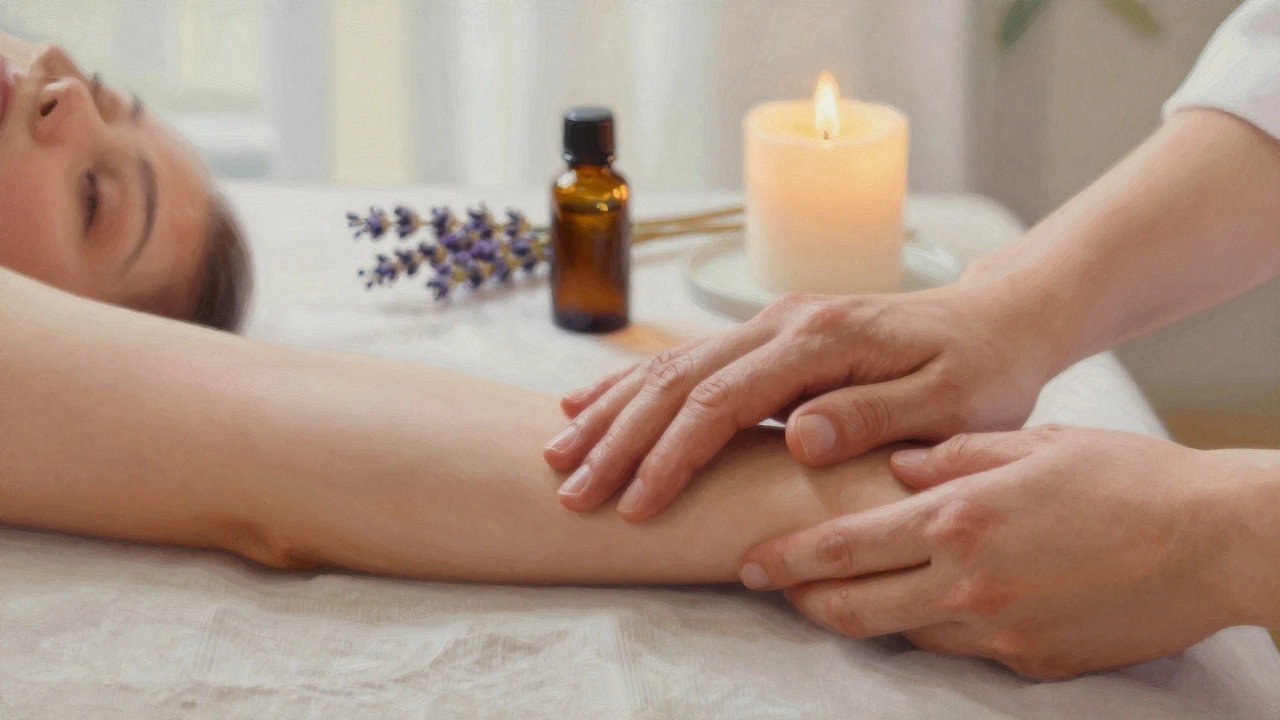 Two hands gently touching during a massage, with lavender oil and candlelight creating a peaceful moment.