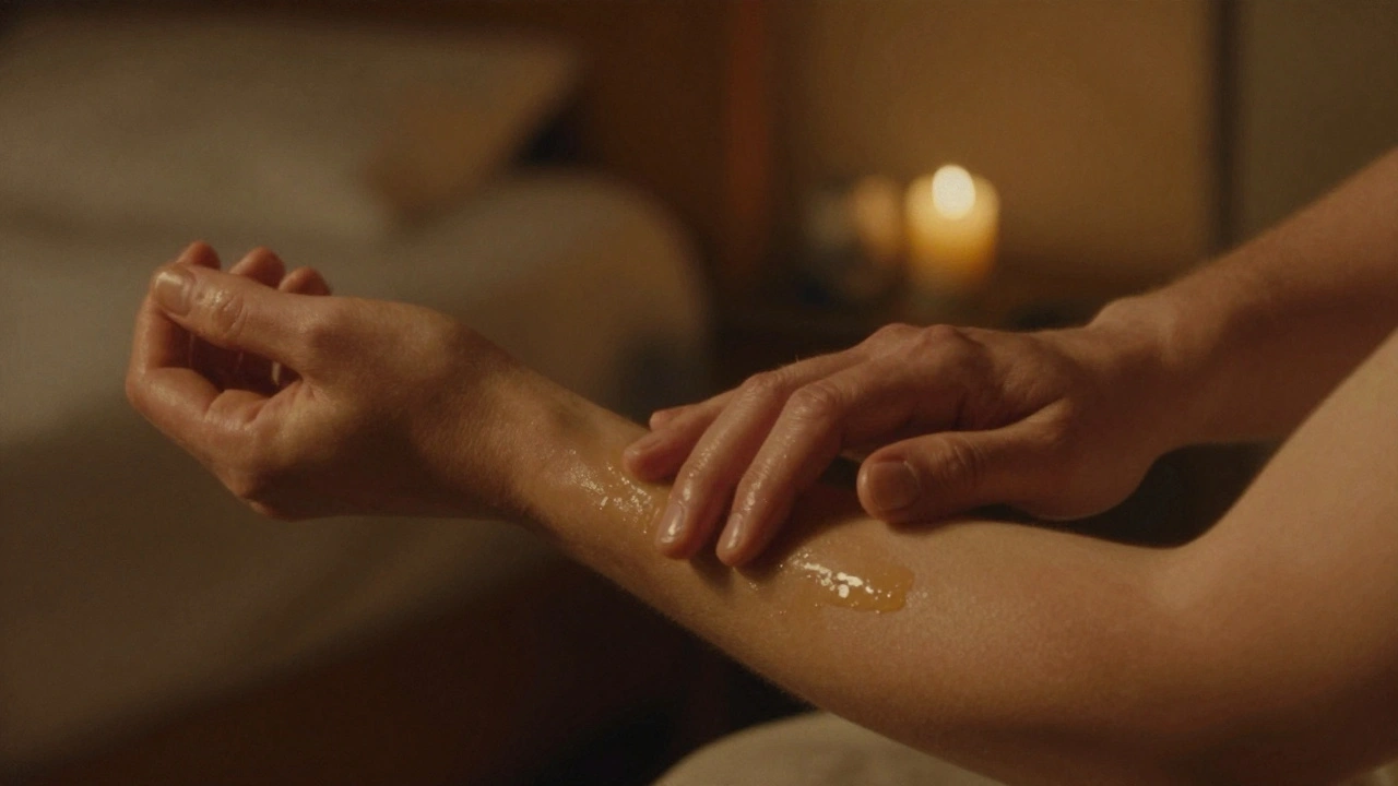 Two hands massaging each other's arms under warm candlelight, conveying quiet trust and connection.