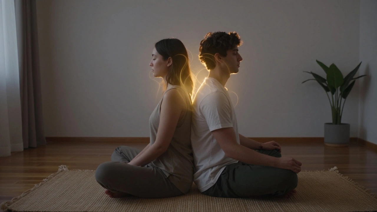 Two partners sitting back-to-back, breathing in sync, with a subtle energy glow between them.