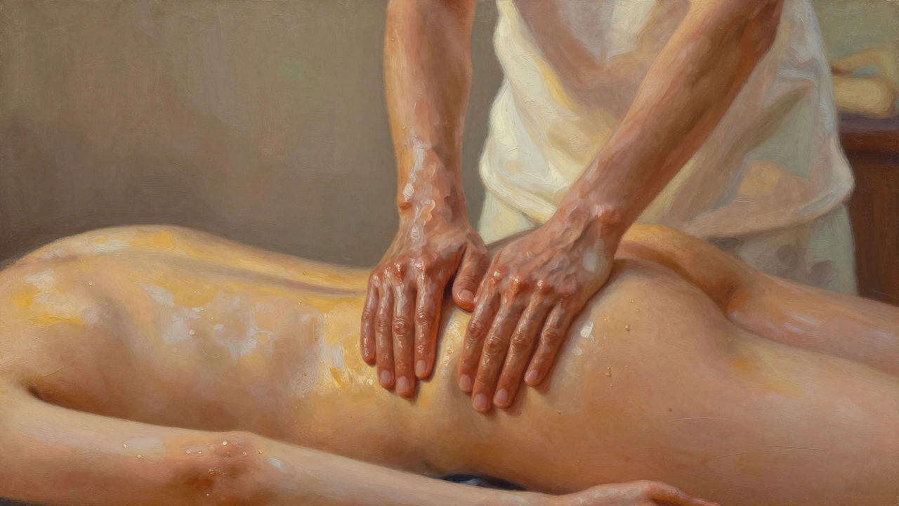 Two silhouettes connected by warm oil sheen, one body gliding over another in a peaceful, blurred environment.