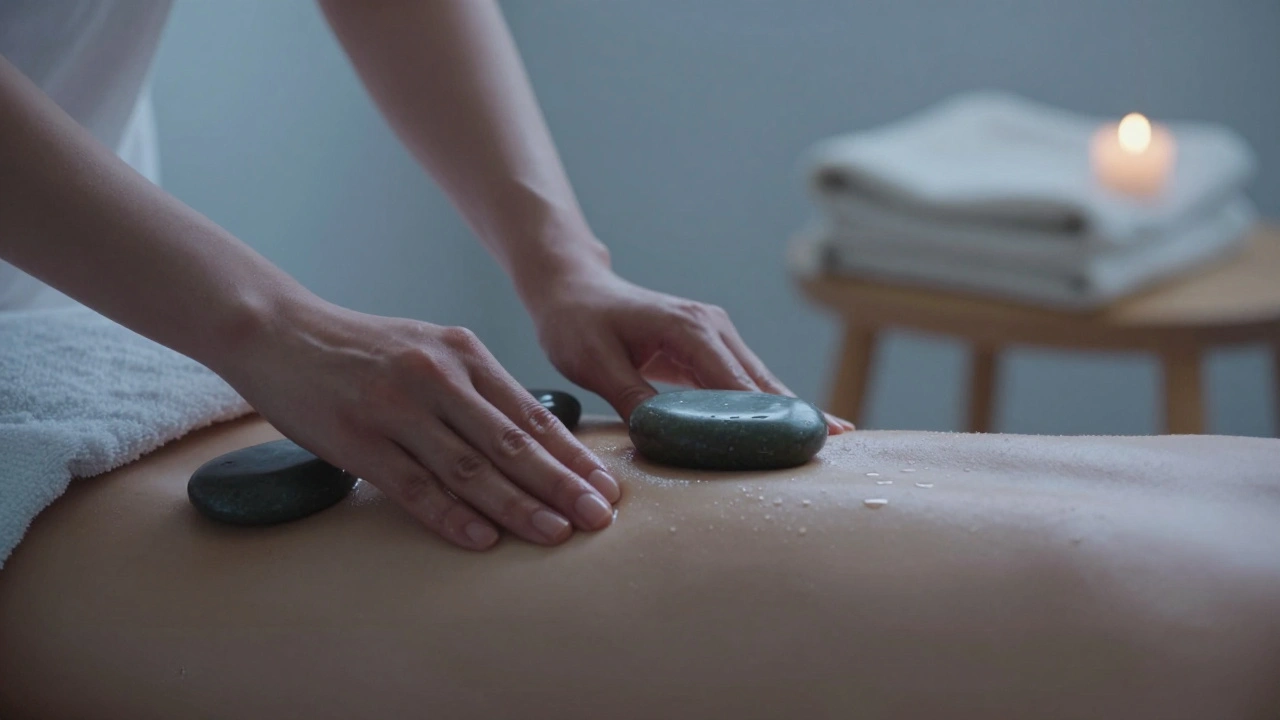 Warm stones being placed along a spine during a soothing hot stone massage.