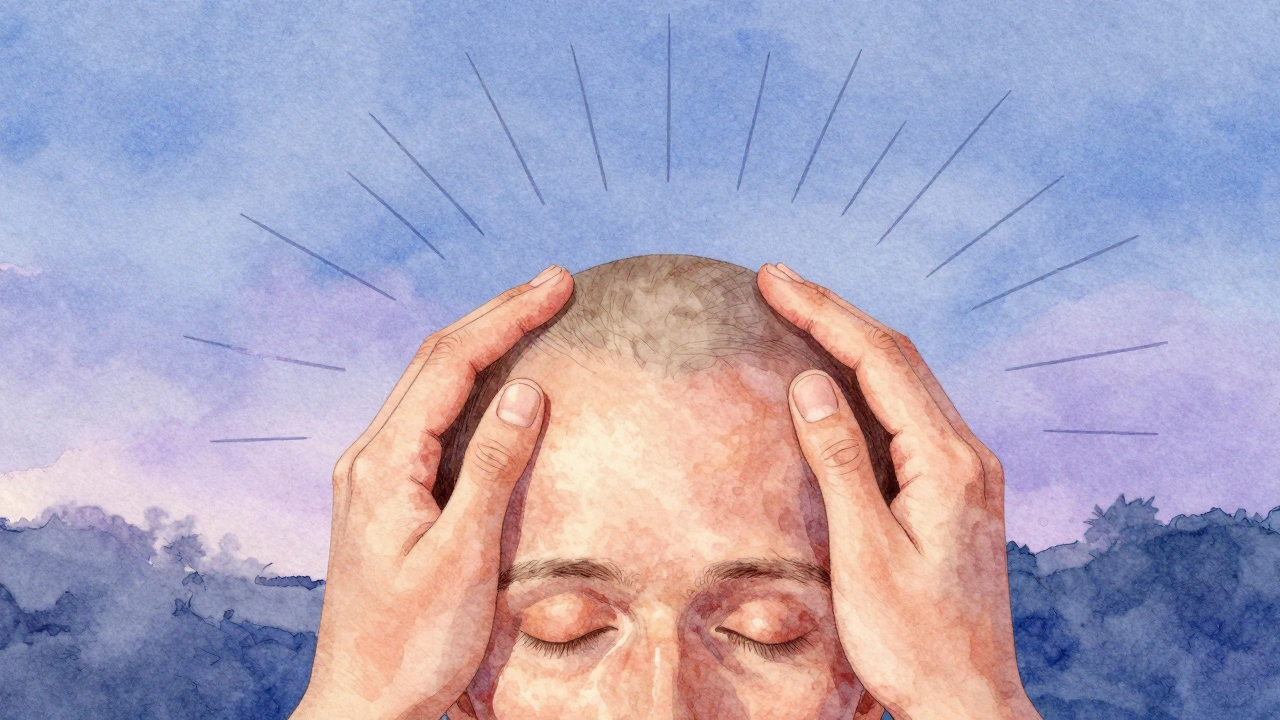 Watercolor illustration of hands applying soothing pressure to the temples and base of the skull.