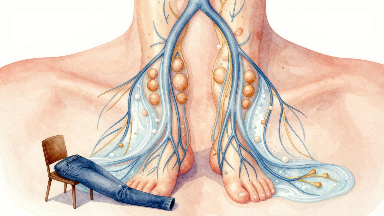 Watercolor illustration of lymphatic fluid flowing beneath skin, dissolving cellulite with golden currents.