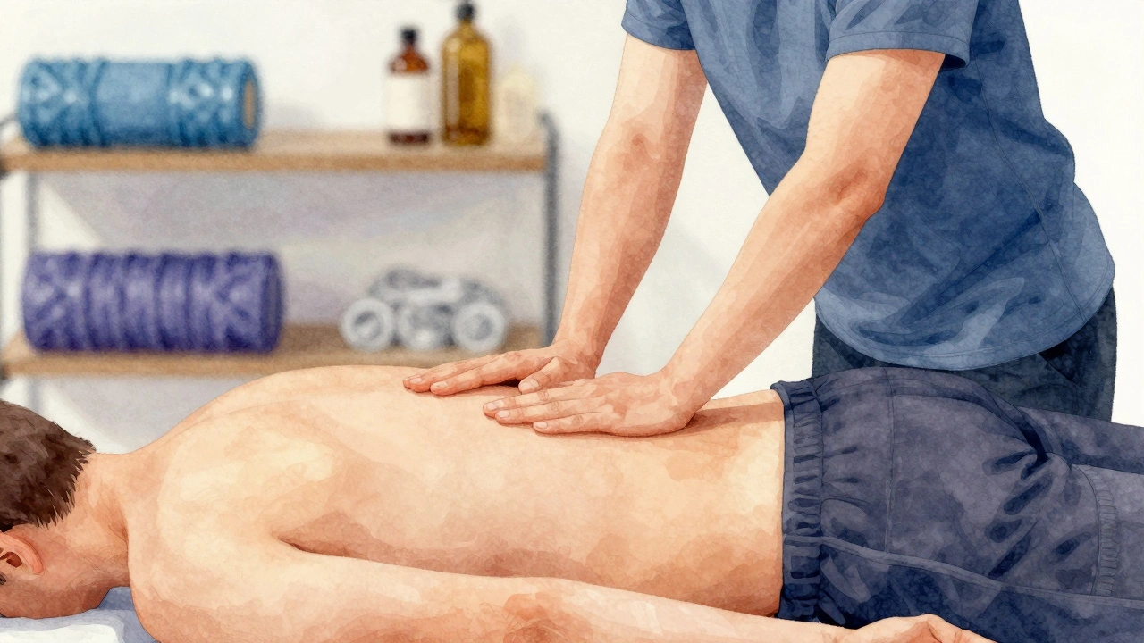 Watercolor illustration of therapist using hip and forearm in body-to-body massage, calm sports recovery environment.