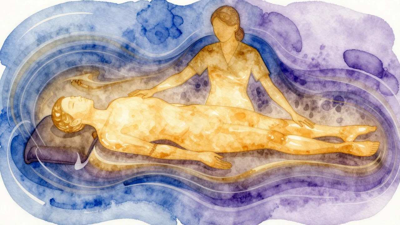 Watercolor silhouette of a person being embraced by flowing golden energy, symbolizing therapeutic body-to-body connection.