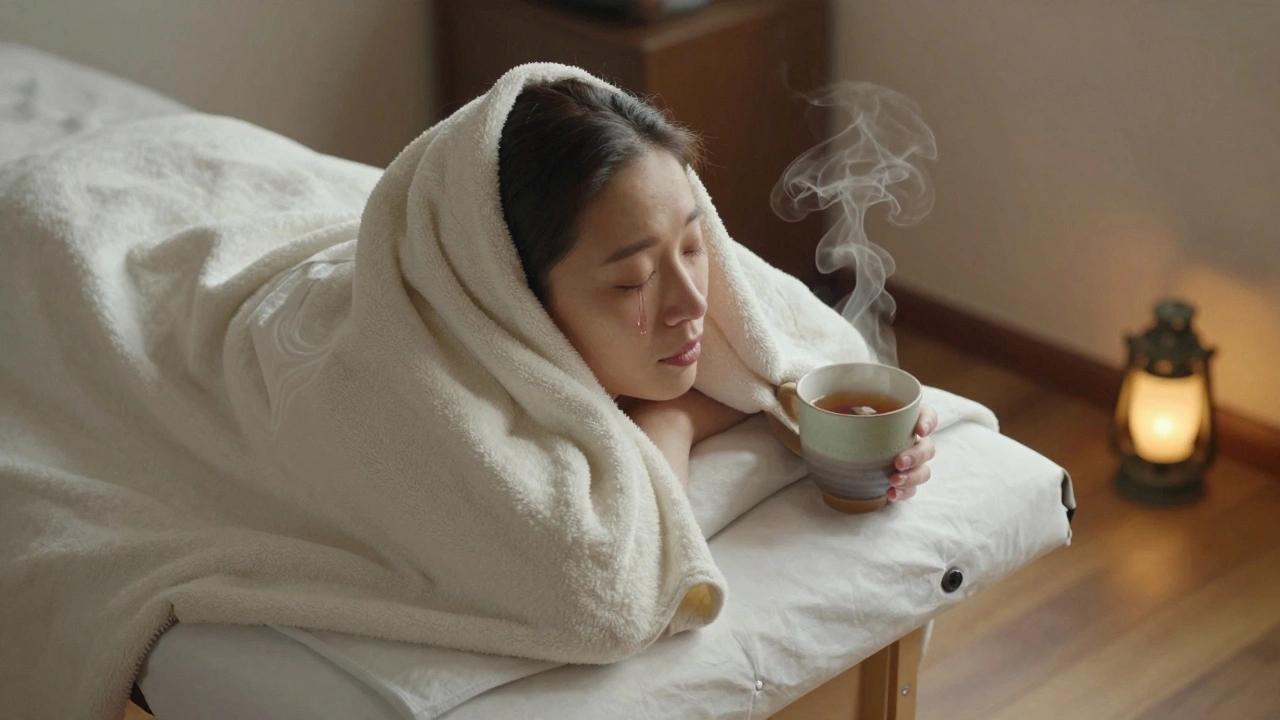 A client wrapped in a blanket after a massage, eyes closed, tear on cheek, steam rising from tea, peaceful emotional release.