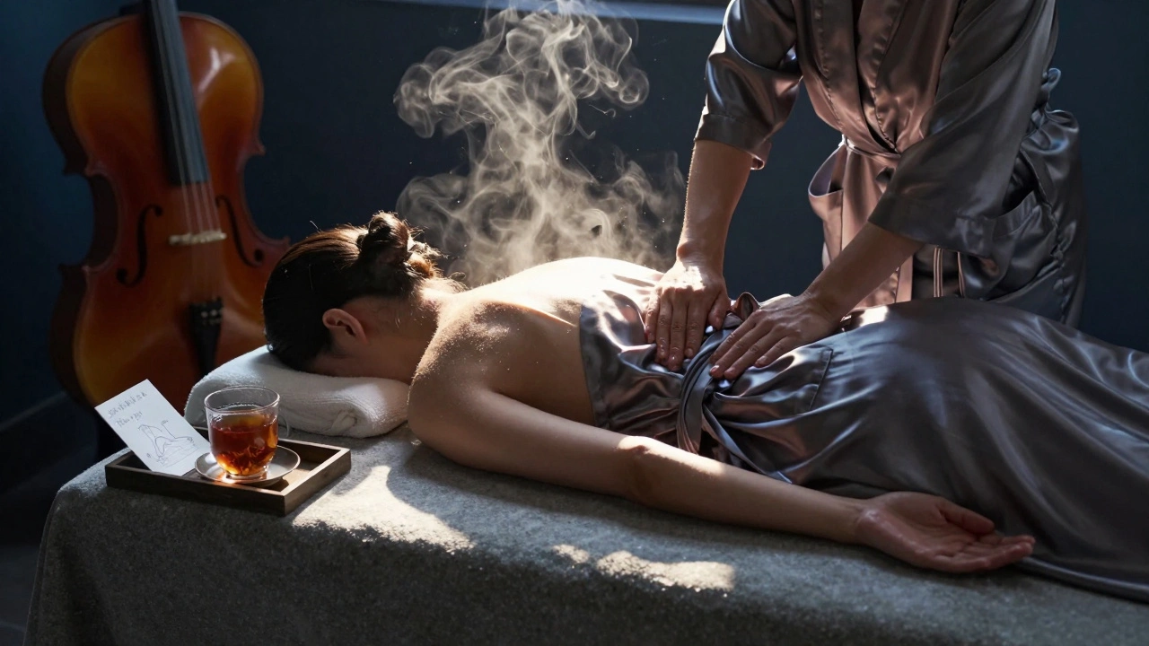 A client wrapped in a silk robe, resting peacefully after a luxury massage with herbal tea nearby.