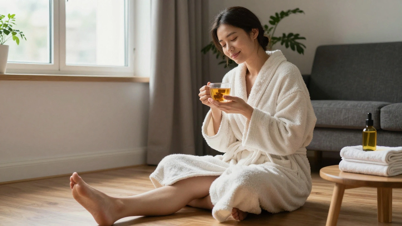 A relaxed person sitting up after a massage, wrapped in a robe, smiling peacefully with herbal tea in hand.
