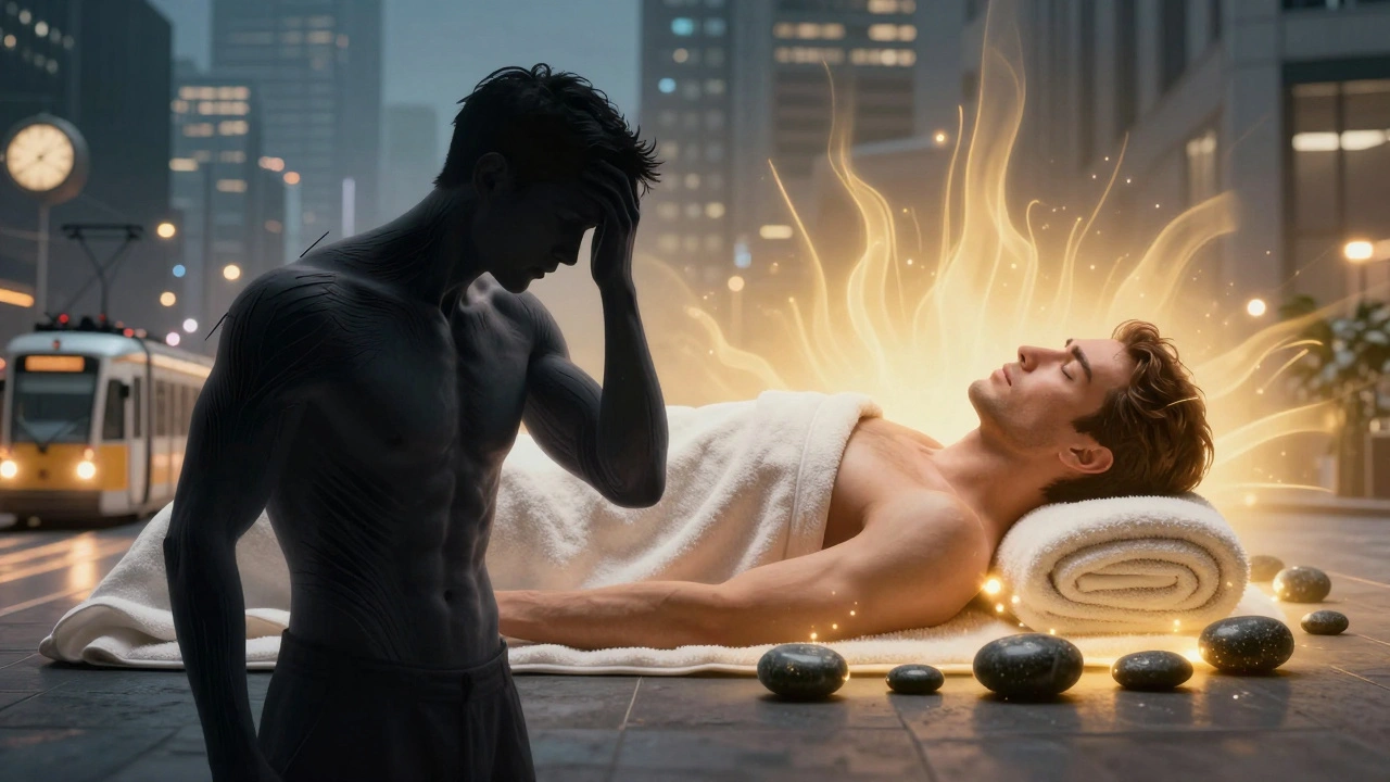 A split image showing stress on one side and serene release on the other, with glowing stones symbolizing the calming effect of hot stone therapy.