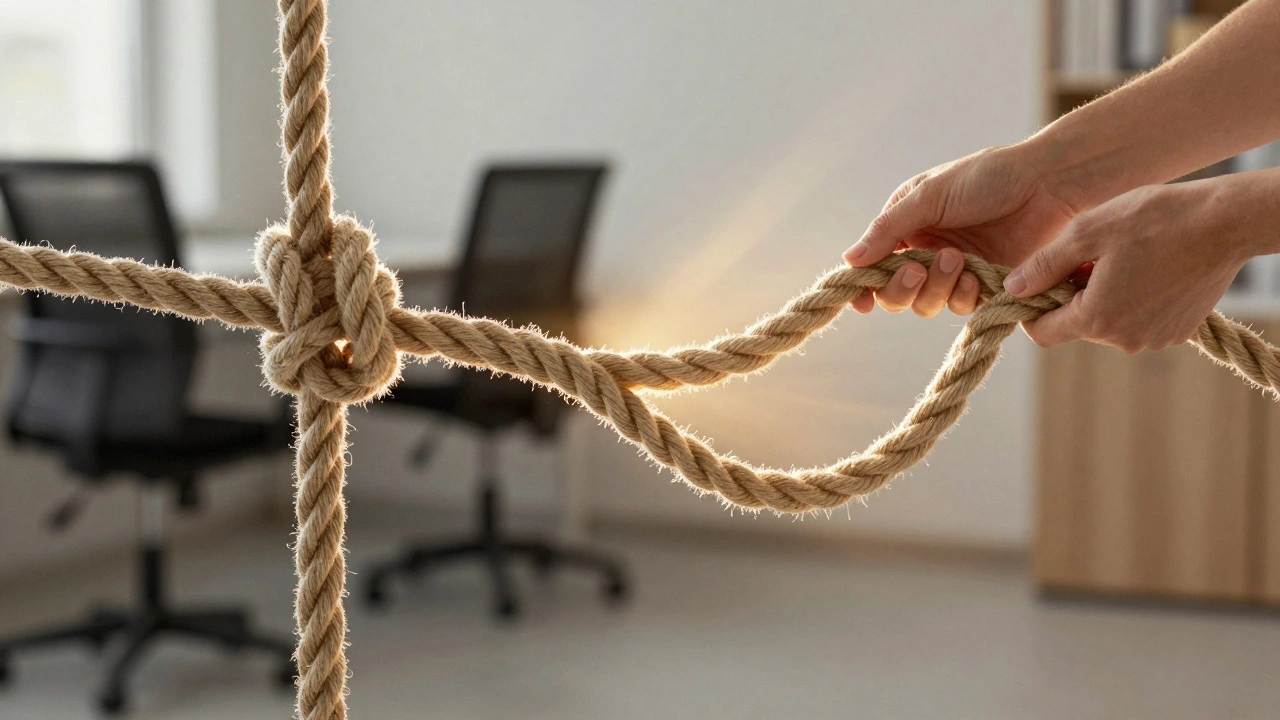 A tangled rope transforming into a smooth, flowing line, symbolizing relief from chronic muscle tension.