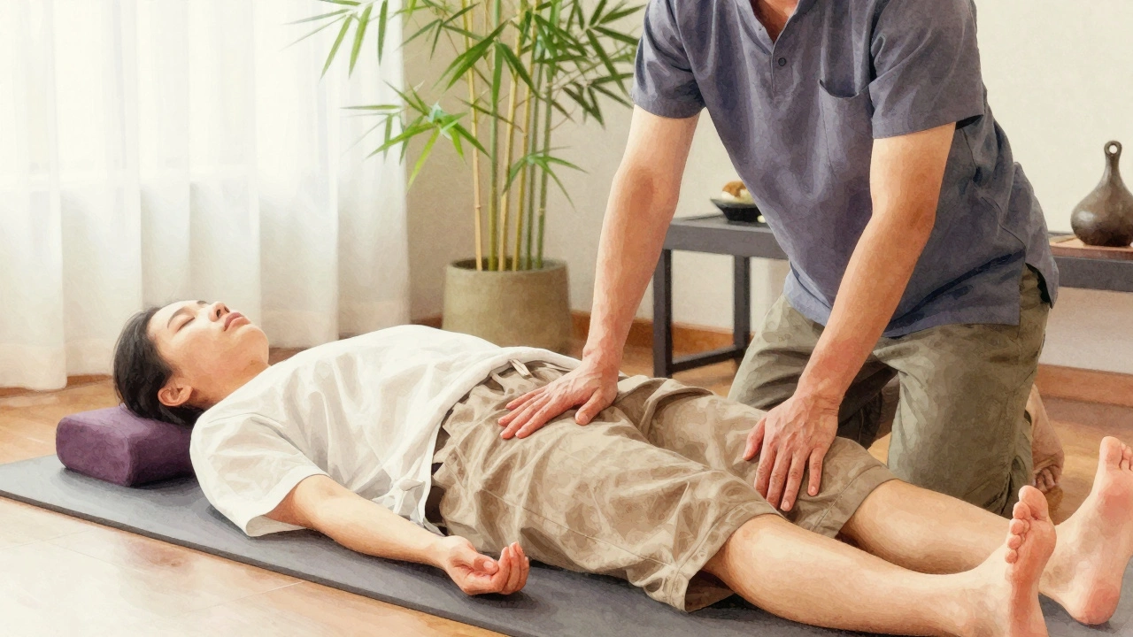 A Thai massage therapist gently stretching a client on a mat in a quiet, plant-filled room.