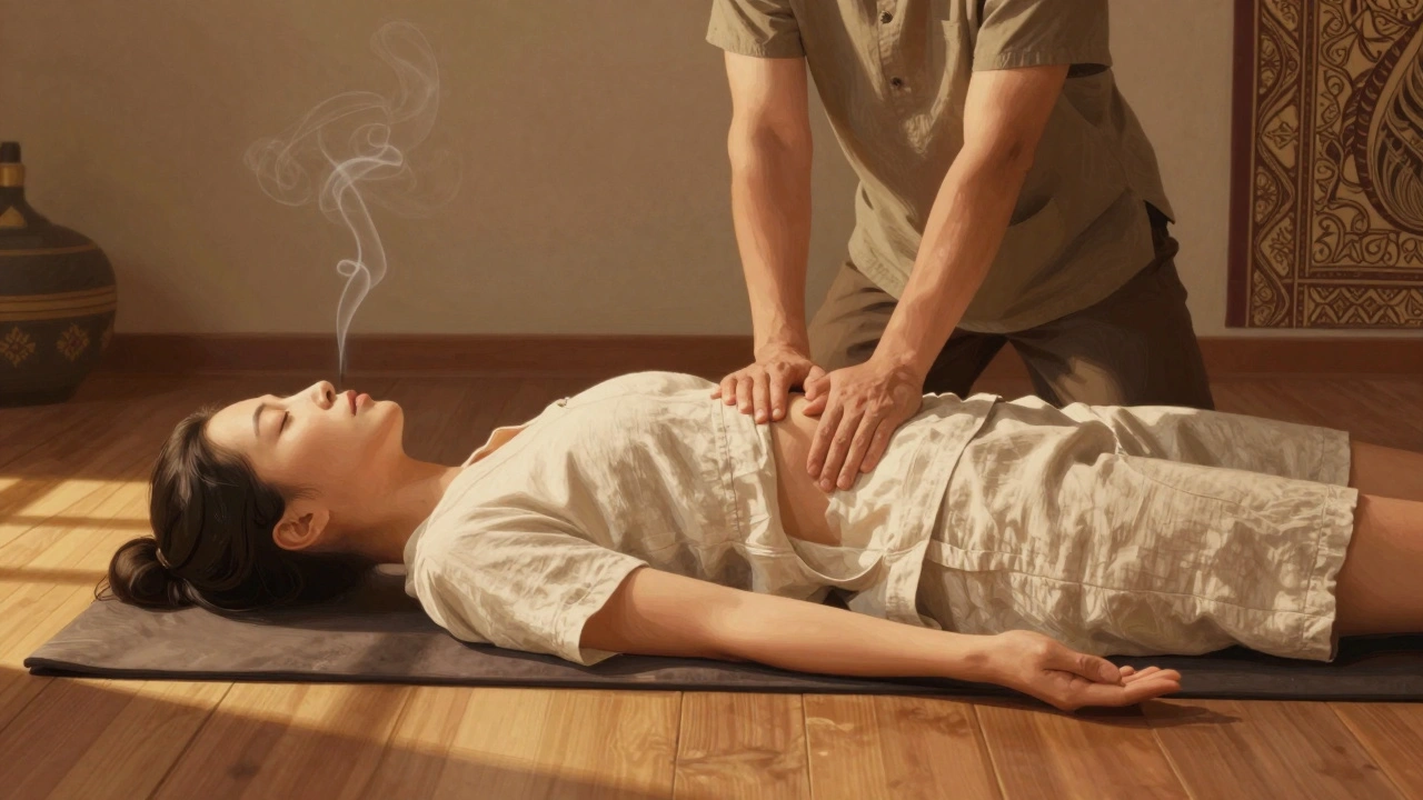 A Thai massage therapist performs acupressure and stretches on a clothed client on a floor mat, golden light filtering in.