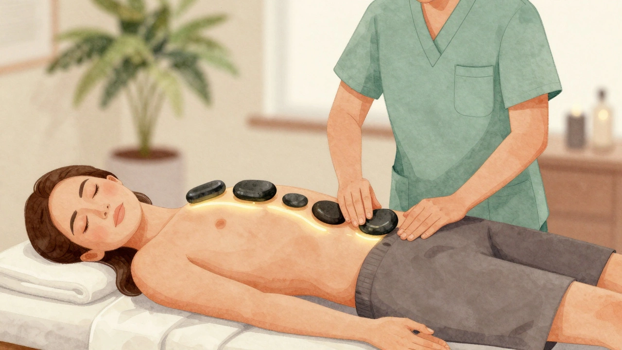 A therapist gently gliding heated stones along a client's leg during a hot stone massage, creating a sense of deep relaxation and warmth.