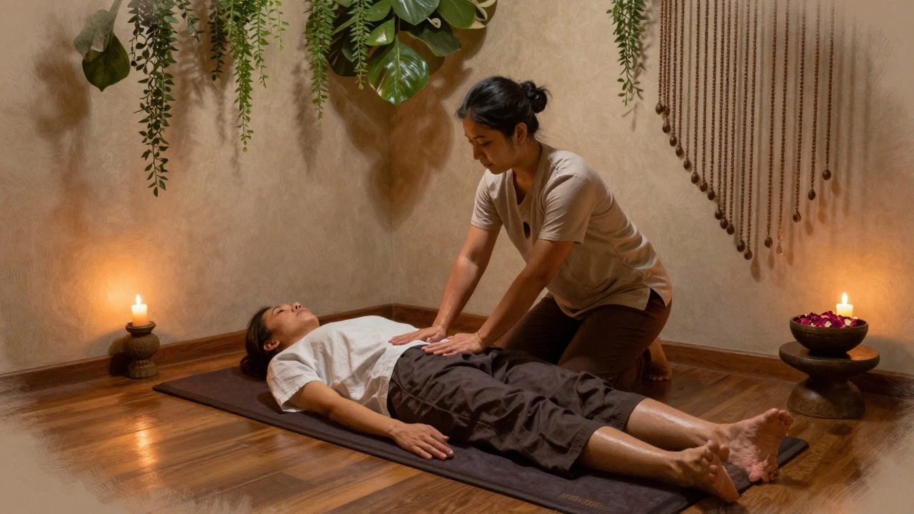 A therapist gently guiding a client through a yoga-inspired stretch in a hidden garden sanctuary.