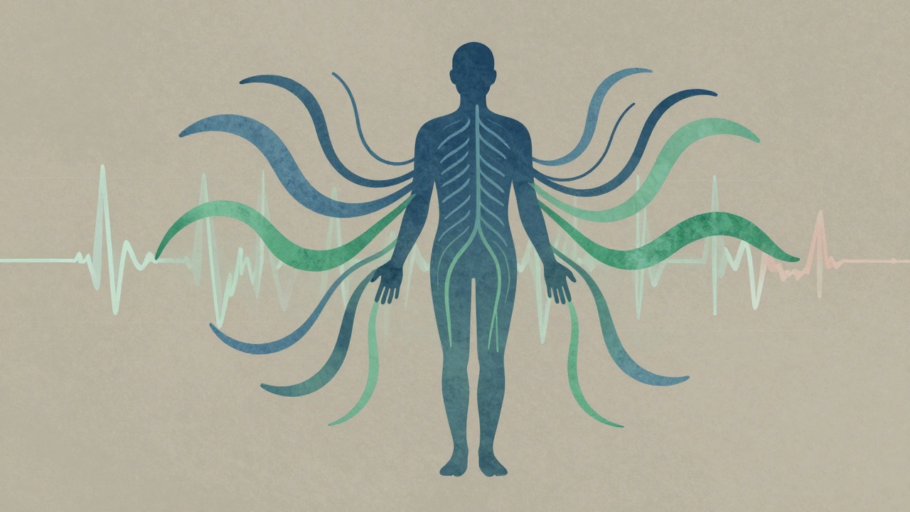 Abstract representation of nervous system calming with flowing lines and fading stress indicators.
