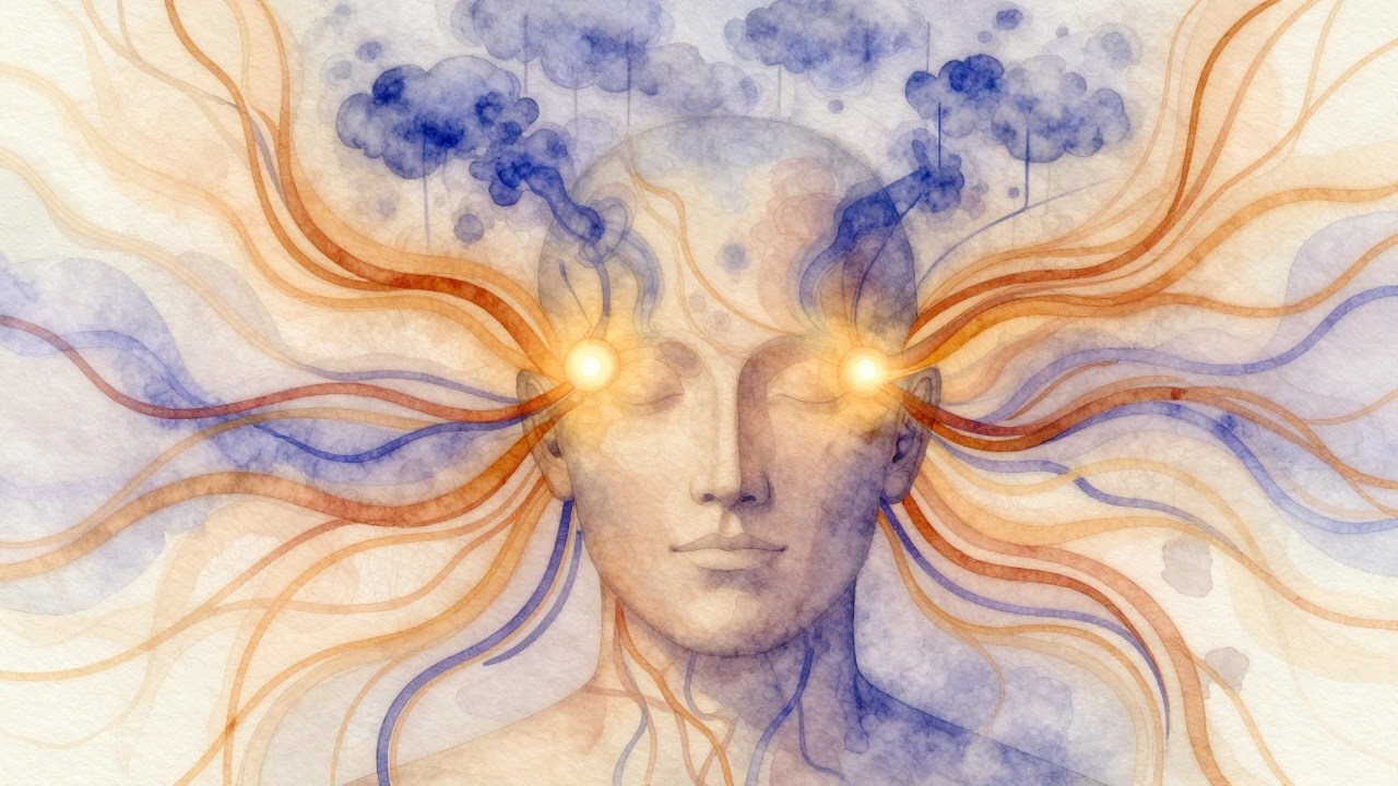 Abstract watercolor representation of blood flow and tension release in the scalp.