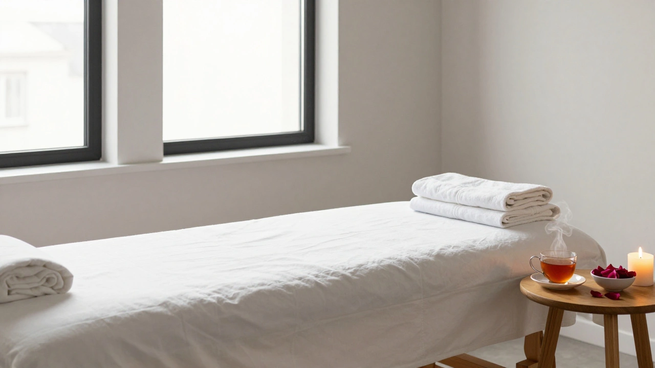 An empty tantric massage studio with a draped table, a cup of tea, robes, and a burning candle in natural sunlight.