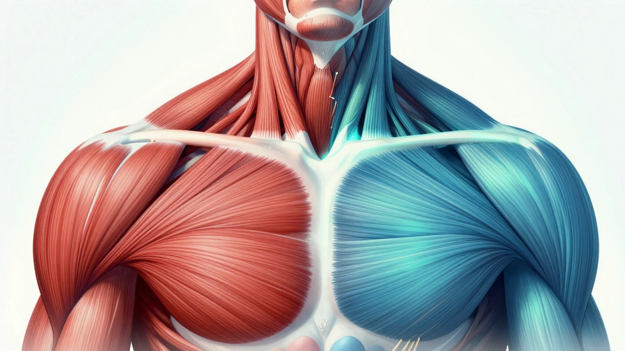 Anatomical illustration comparing knotted muscle fibers to released, smooth tissue with therapeutic energy flow.