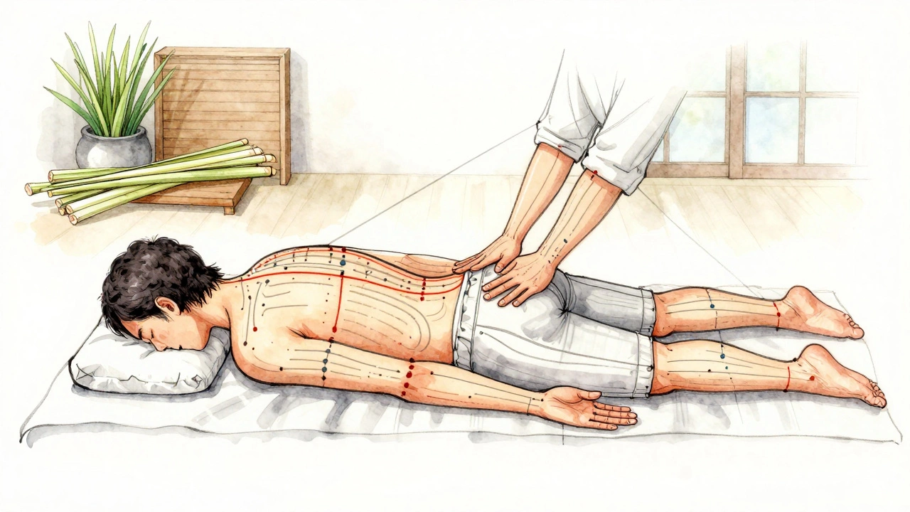 Artistic illustration showing energy lines in the body during Thai massage, blending tradition and nature.