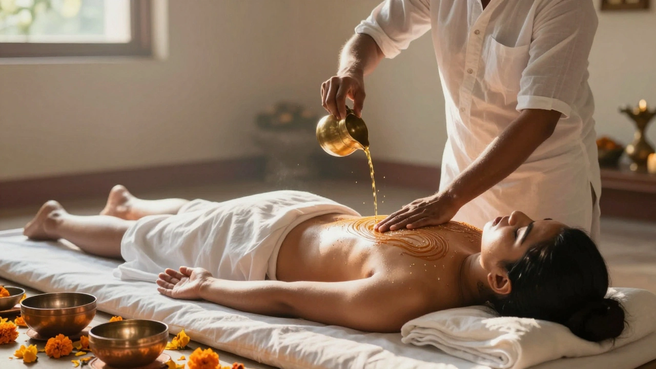 Ayurvedic healer applying warm oil with full-body strokes during a dawn ritual, marigold petals scattered nearby.