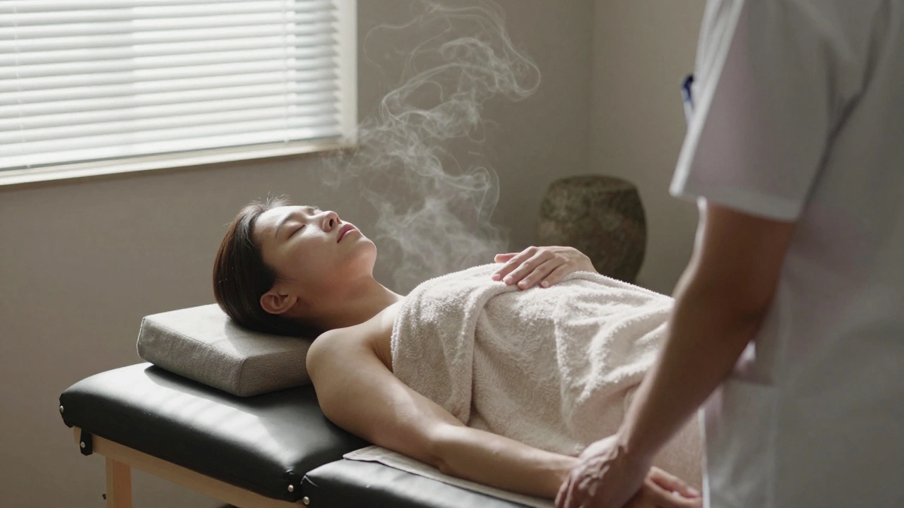Client lying peacefully after massage, towel draped over body, quiet morning light filtering through blinds in a serene room.