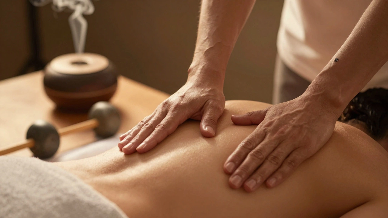 Close-up of therapist's hands working on a spine with warm stones nearby during a full body massage session.