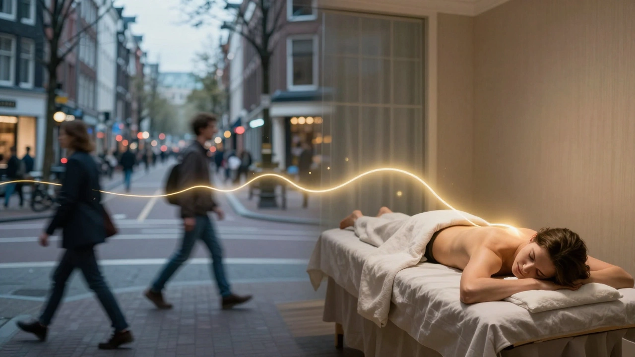 Contrasting scene: chaotic Amsterdam street on left, serene massage room on right, connected by a golden energy thread symbolizing inner calm.