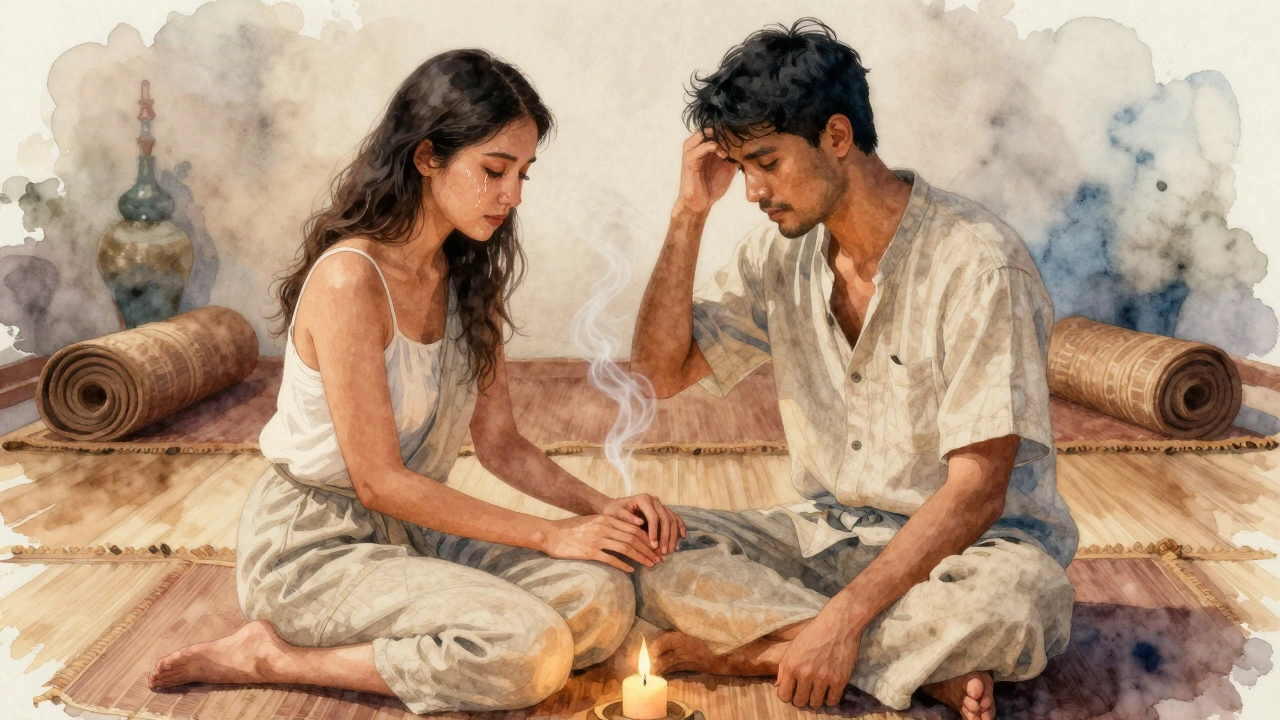 Couple holding hands after massage, tears and quiet connection, steam rising, candlelight, serene emotional moment.