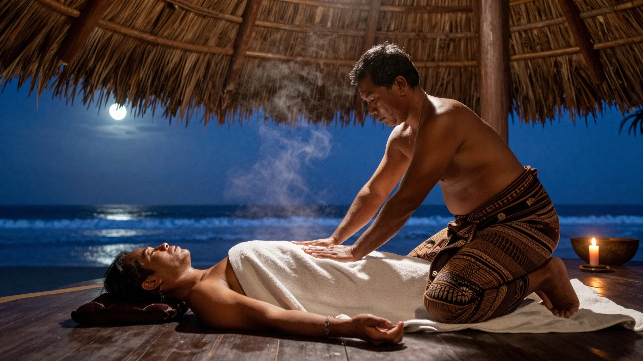 Hawaiian Lomilomi healer performing flowing strokes under a thatched roof, moonlight and ocean sounds implied.