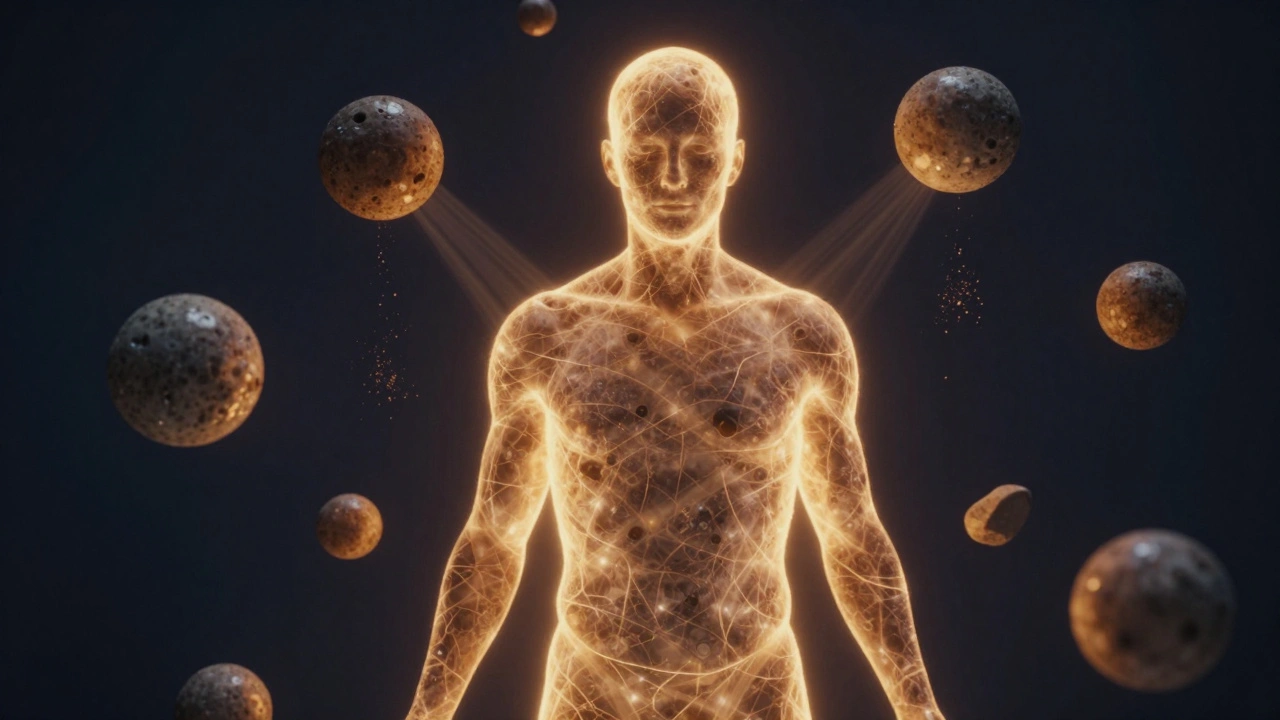 Human silhouette surrounded by floating heated stones emitting glowing rays of warmth and relaxation.