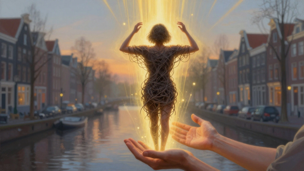 Person releasing tension as golden light rises, therapist guiding the release in Amsterdam setting